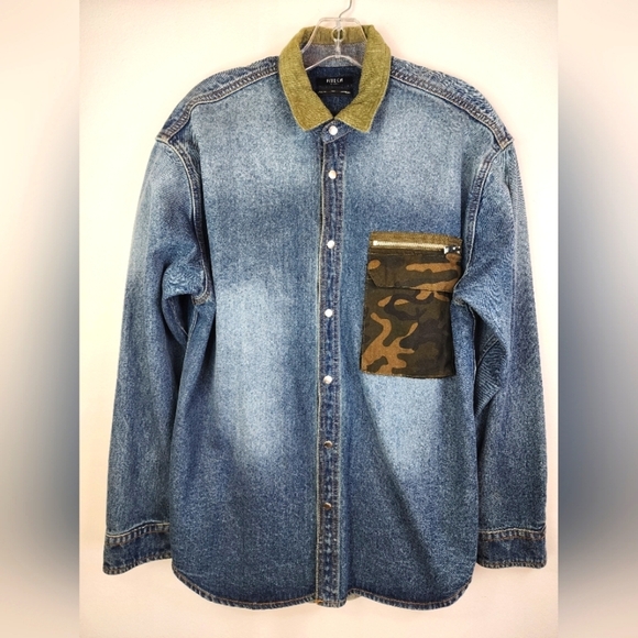 Five CM Men's Denim Blue Jean Shirt Snap Front Shacket, Size Small - Picture 4 of 15